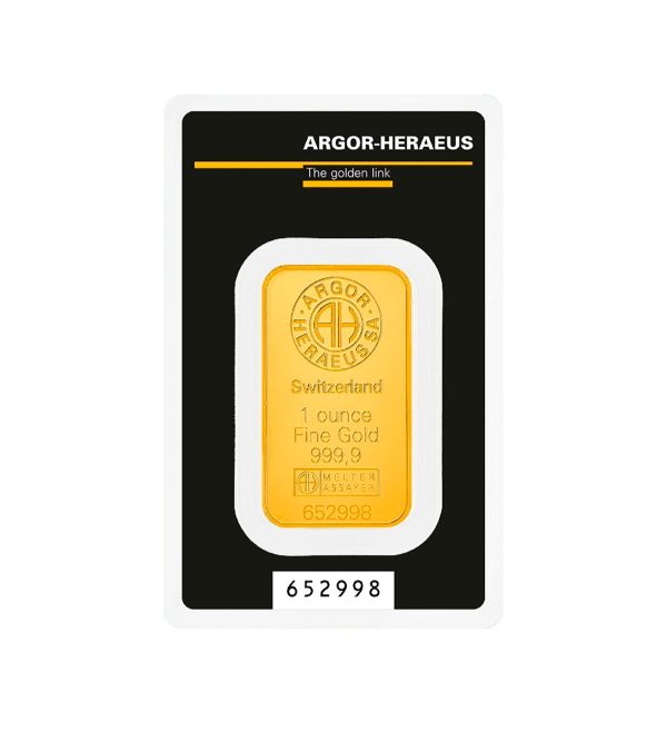 Perspectiva frontal del reverso del lingote de oro Kinebar de 1oz de Argor Heraeus