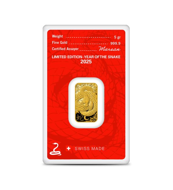 Perspectiva frontal del reverso del lingote de oro Año de la Serpiente de Argor Heraeus de 5gr de 2025, que muestra a la serpiente enrroscada sobre sí misma