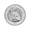 Perspectiva frontal de la moneda de plata Pantera de la Reina de 2oz de 2025, que muestra al animal protegiendo con sus garras un escudo real