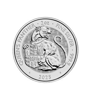 Perspectiva frontal de la moneda de plata Pantera de la Reina de 2oz de 2025, que muestra al animal protegiendo con sus garras un escudo real