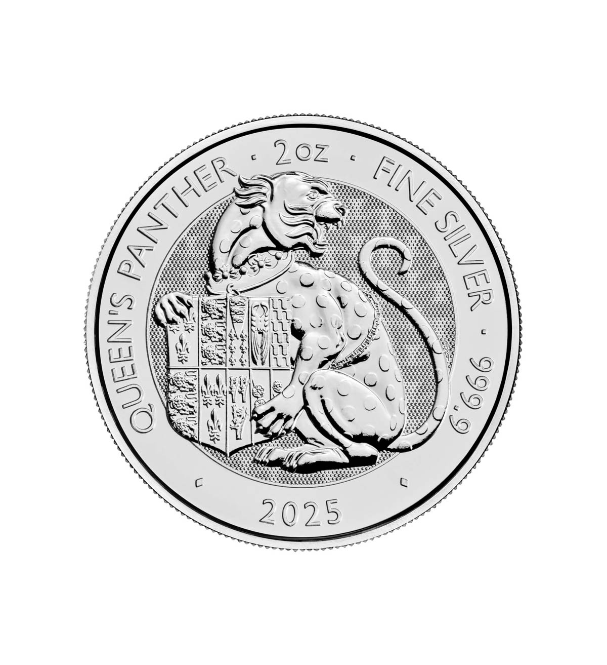 Perspectiva frontal de la moneda de plata Pantera de la Reina de 2oz de 2025, que muestra al animal protegiendo con sus garras un escudo real