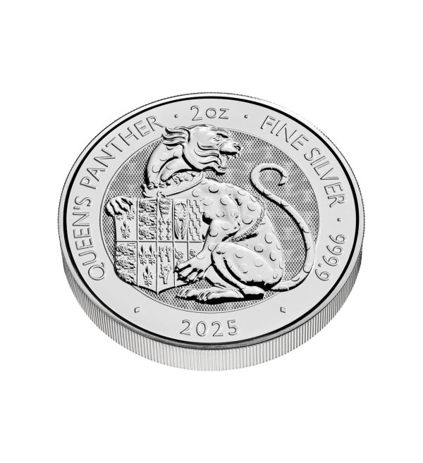 Perspectiva cenital del canto de la moneda de plata Pantera de la Reina de 2oz de 2025