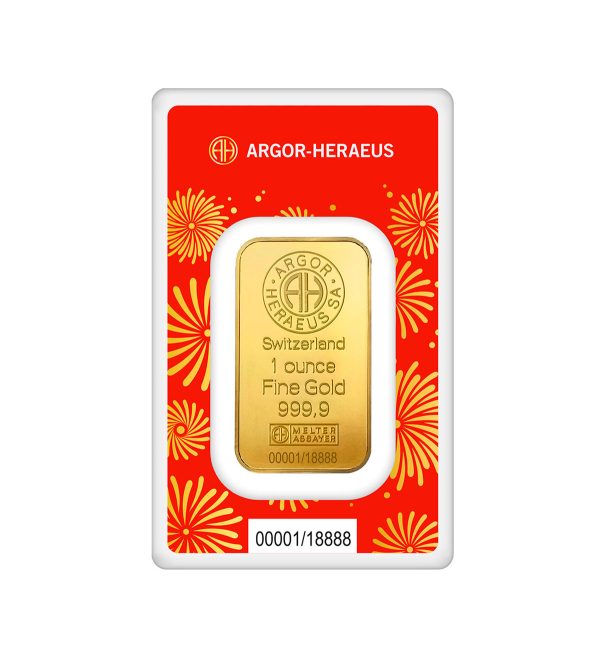 lingote-argor-heraeus-oro-1oz-ano-de-la-serpiente-2025 Perspectiva frontal del anverso del lingote de oro Año de la Serpiente de 1oz de 2025, que muestra el logo de la ceca que lo emite