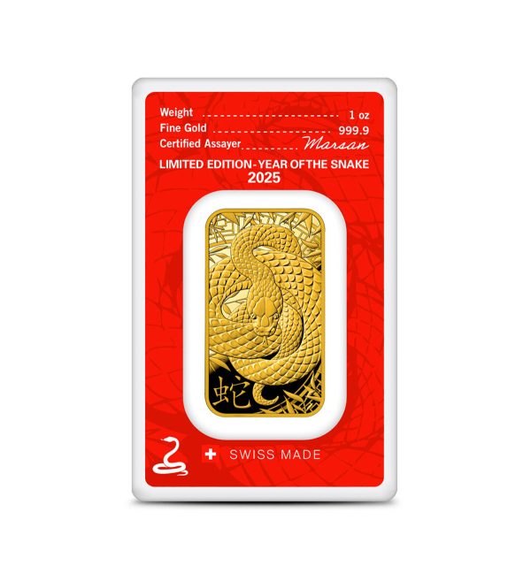 reverso-lingote-argor-heraeus-oro-1oz-ano-de-la-serpiente-2025 Perspectiva frontal del reverso del lingote de oro Año de la Serpiente de Argor Heraeus de 1oz de 2025, que muestra a la serpiente enrroscada sobre sí misma