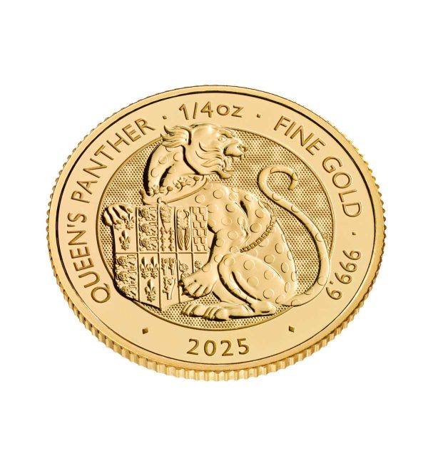 Perspectiva frontal del canto de la moneda de oro Pantera de la Reina de 1/4 de onza de 2025