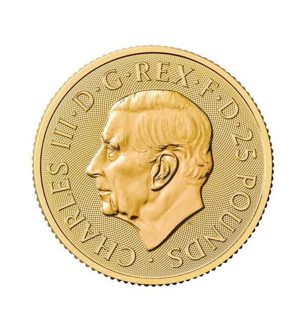 Perspectiva frontal de la cara de la moneda de oro Pantera de la Reina de 1/4 de onza de 2025, que muestra el rostro del monarca Carlos III