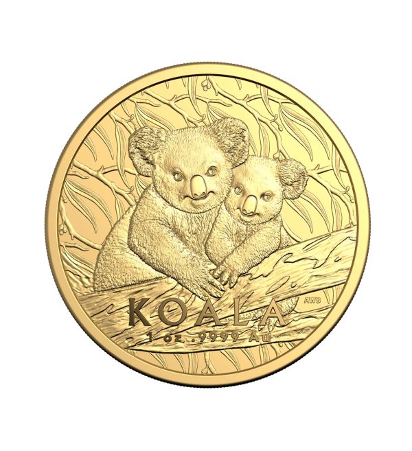 Perspectiva frontal de la cruz de la moneda de oro Koala australiano de 1oz de 2025, que muestra a dos animales abrazándose en una rama de árbol