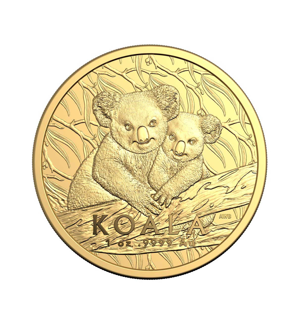 Perspectiva frontal de la cruz de la moneda de oro Koala australiano de 1oz de 2025, que muestra a dos animales abrazándose en una rama de árbol