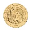 Perspectiva frontal de la cruz de la moneda de oro Pantera de la Reina de 1/4oz de 2025, que muestra a la bestia con el escudo de armas de los Tudor