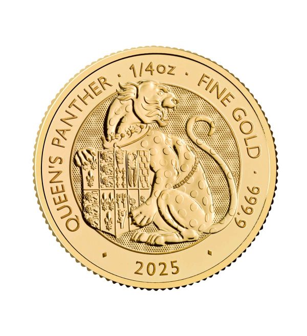 Perspectiva frontal de la cruz de la moneda de oro Pantera de la Reina de 1/4oz de 2025, que muestra a la bestia con el escudo de armas de los Tudor