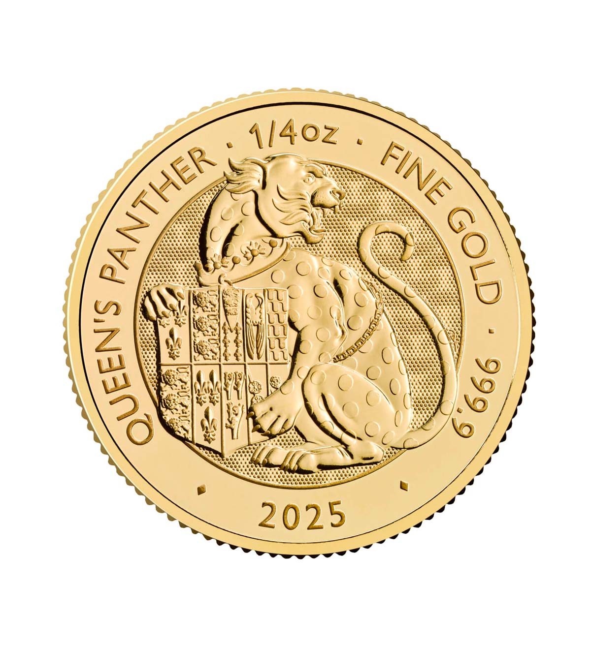 Perspectiva frontal de la cruz de la moneda de oro Pantera de la Reina de 1/4oz de 2025, que muestra a la bestia con el escudo de armas de los Tudor