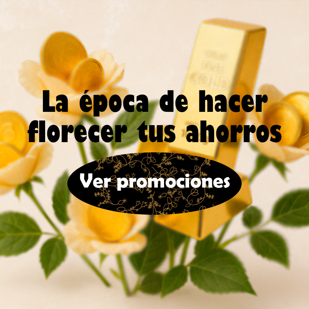 Banner de la promoción de descuentos de lingotes de oro, con el fondo de una serie de lingotes de diferentes refinerías