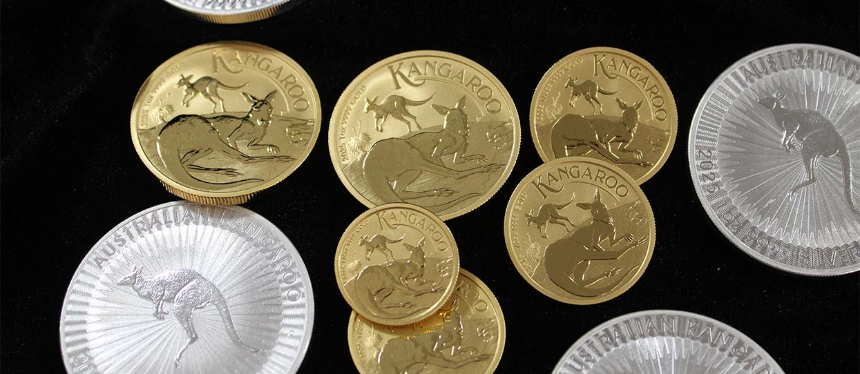 Diferentes monedas del Canguro de oro y plata de diferentes cecas y tamaños