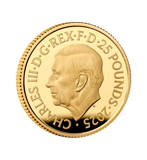 Perspectiva del canto de la cara de la moneda de oro Galgo de Richmond de 1/4oz de 2025, que muestra el rostro del monarca Carlos III
