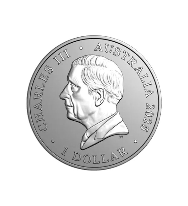 Perspectiva frontal de la cara de la moneda de plata Koala Australiano de 1oz de 2025, que muestra el rostro del monarca Carlos III