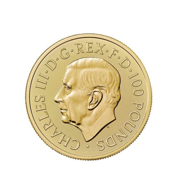Perspectiva frontal de la cara de la moneda de oro San Jorge y el Dragón de 1oz de 2025, que muestra el rostro del monarca Carlos III