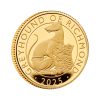 Perspectiva del canto de la cruz de la moneda de oro Galgo de Richmond de 1/4oz de 2025, que muestra al perro mirando hacia atrás