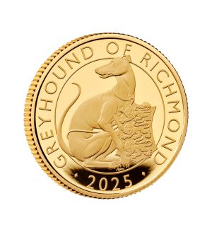 Perspectiva del canto de la cruz de la moneda de oro Galgo de Richmond de 1/4oz de 2025, que muestra al perro mirando hacia atrás