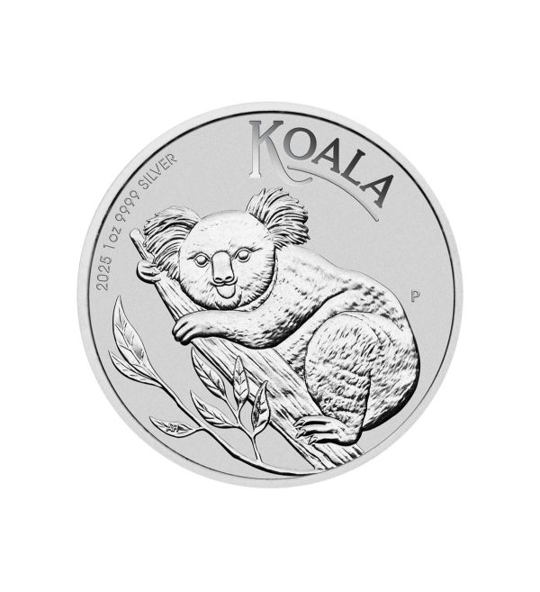 Perspectiva frontal de la cruz de la moneda de plata Koala de 1oz de 2025, que muestra al animal abrazado a la rama
