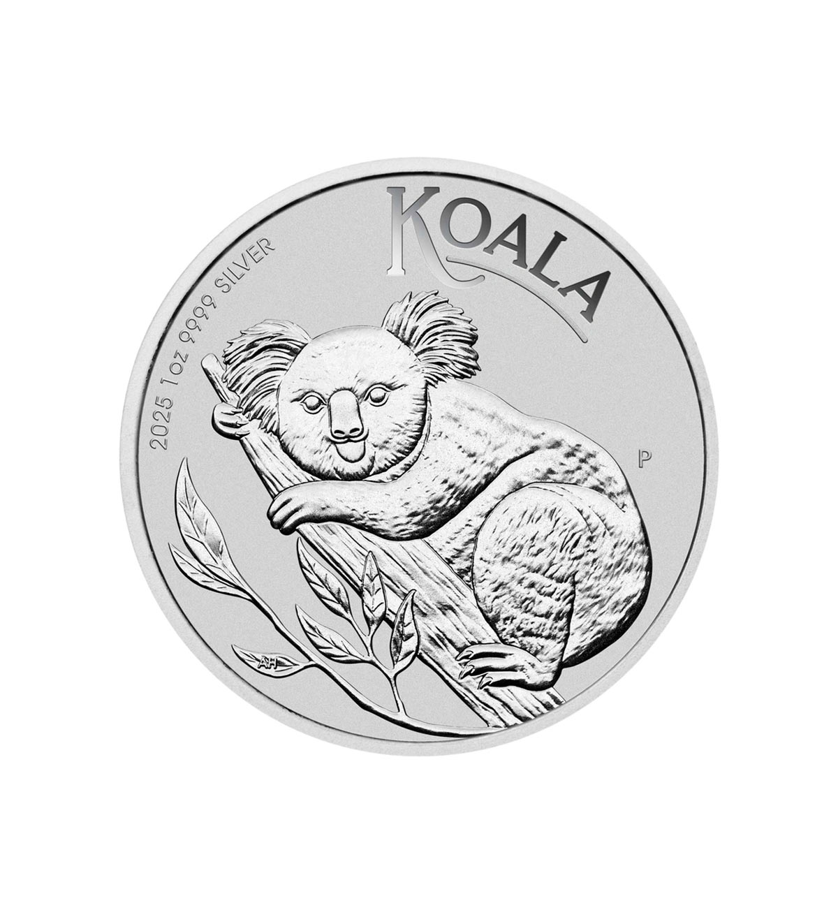 Perspectiva frontal de la cruz de la moneda de plata Koala de 1oz de 2025, que muestra al animal abrazado a la rama
