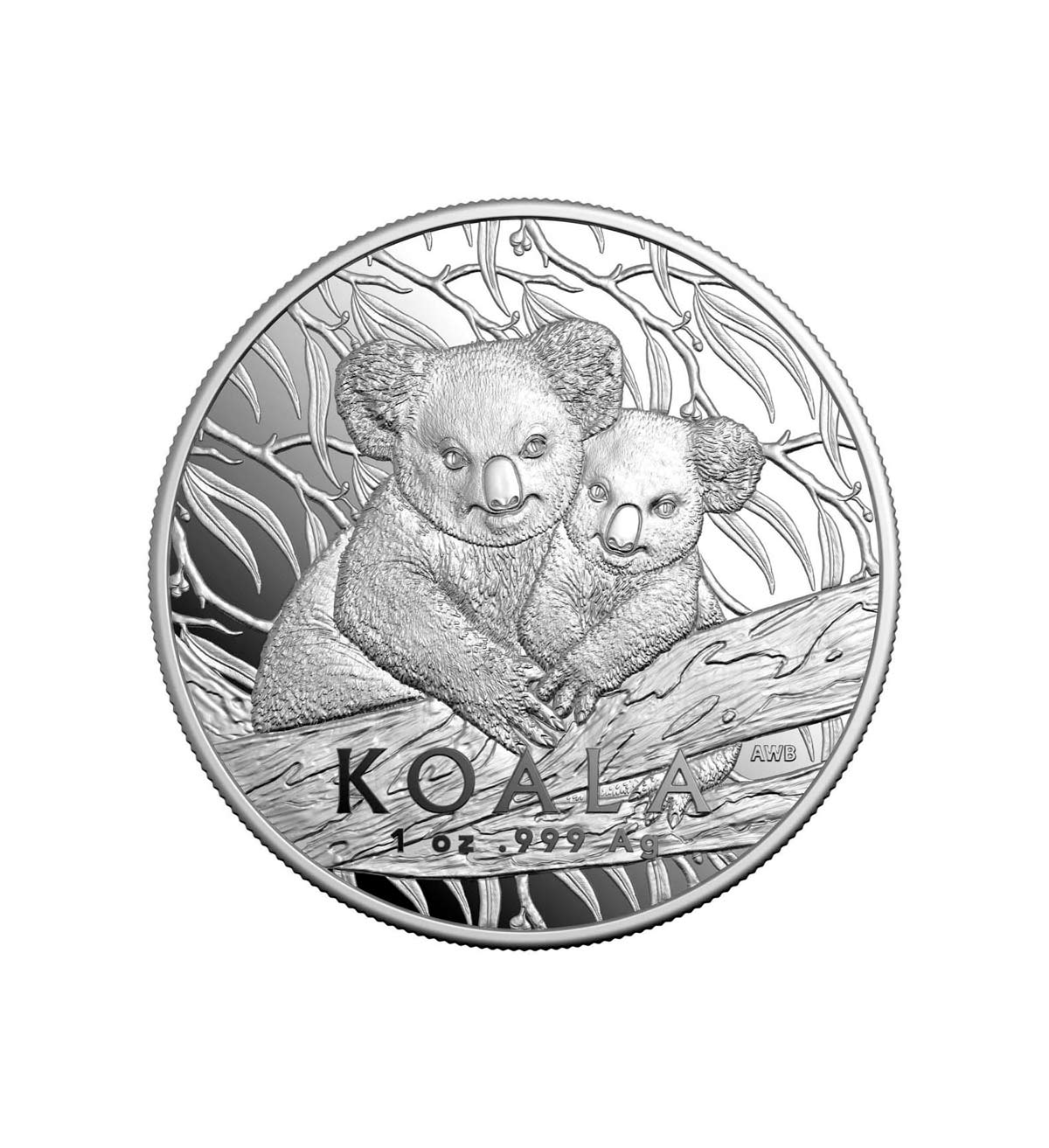 Perspectiva frontal de la cruz de la moneda de plata Koala australiano de 1oz de 2025, que muestra a dos animales abrazándose en una rama de árbol
