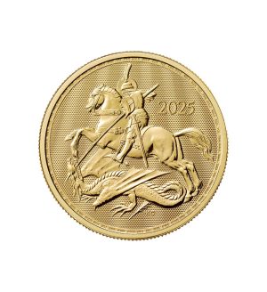 Perspectiva frontal de la moneda de oro San Jorge y el Dragón de 1oz de 2025, que muestra al héroe atacando a la bestia