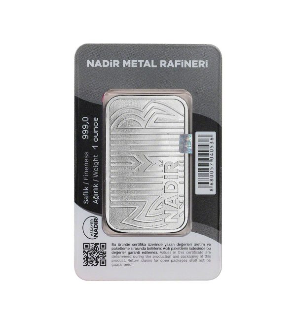 Perspectiva frontal de la parte trasera del lingote de plata de 1oz de Nadir Metal Rafinery