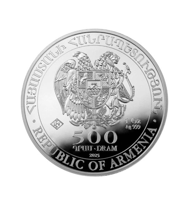 Perspectiva frontal de la cara de la moneda de plata Arca de Noé de 1oz de 2025