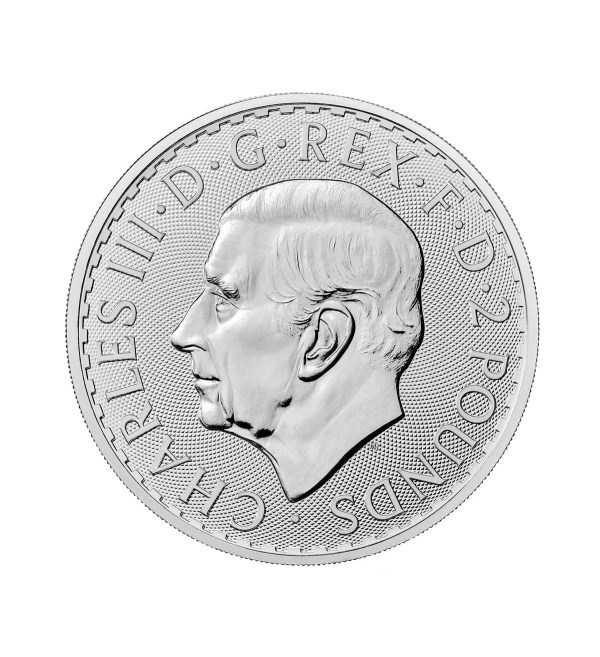 Perspectiva frontal de la cara de la moneda de plata Britannia de 1oz de 2025, que muestra el rostro de Charles III