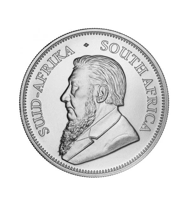 Perspectiva frontal de la cara de la moneda de plata Krugerrand de 1oz de 2025, con el rostro de Paul Kruger