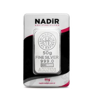 Perspectiva frontal del lingote de plata de 50gr de Nadir Metal Rafinery