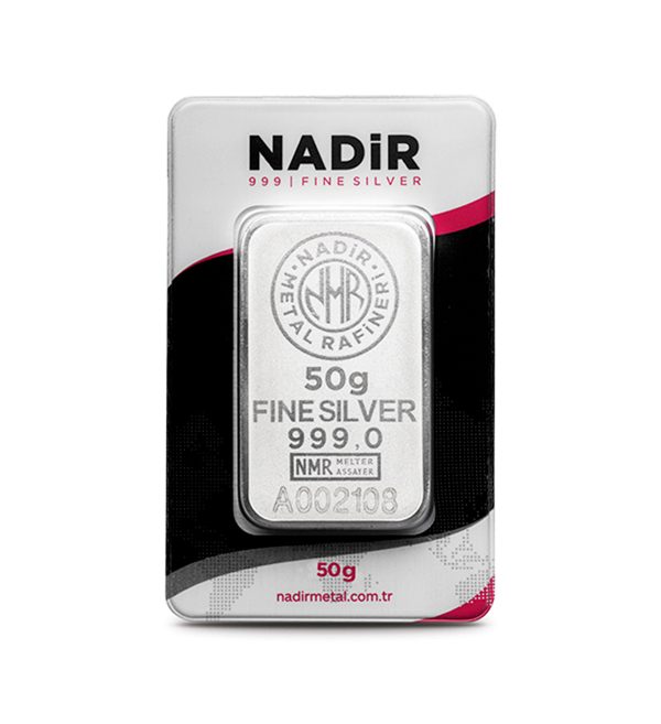 Perspectiva frontal del lingote de plata de 50gr de Nadir Metal Rafinery