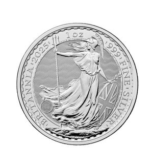 Perspectiva frontal de la cruz de la moneda de plata Britannia de 1oz de 2025, que muestra a la diosa sosteniendo el tridente