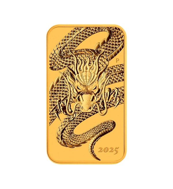 Perspectiva frontal de la cruz de la moenda de oro Dragón Rectangular de 1oz de 2025