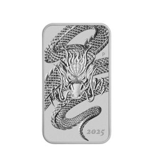 Perspectiva frontal de la cruz de la moneda de plata Dragón rectangular de 1oz de 2025, que muestra al animal serpenteando