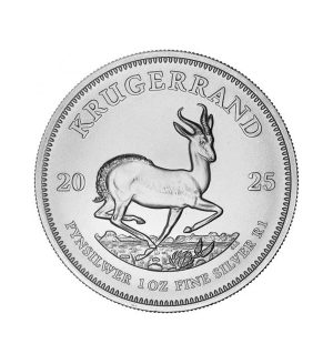 Perspectiva frontal de la cruz de la moneda de plata Krugerrand de 1oz de 2025, con el lince en movimiento