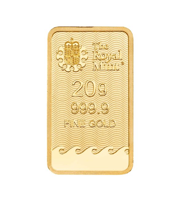 Perspectiva frontal del anverso del lingote de oro Britannia de 20 gr, que muestra las especificaciones de la pieza