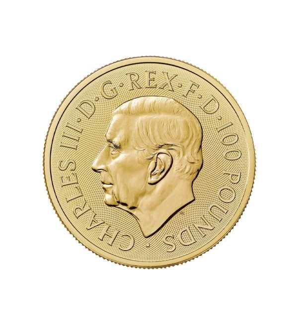 Perspectiva del canto de la cara de la moneda de oro Galgo de Richmond de 1oz de 2025, que muestra el rostro del monarca Carlos III