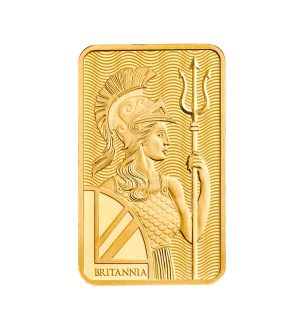 Perspectiva frontal del lingote de oro Britannia de 5gr, que muestra al busto de la diosa de perfil sosteniendo un tridente