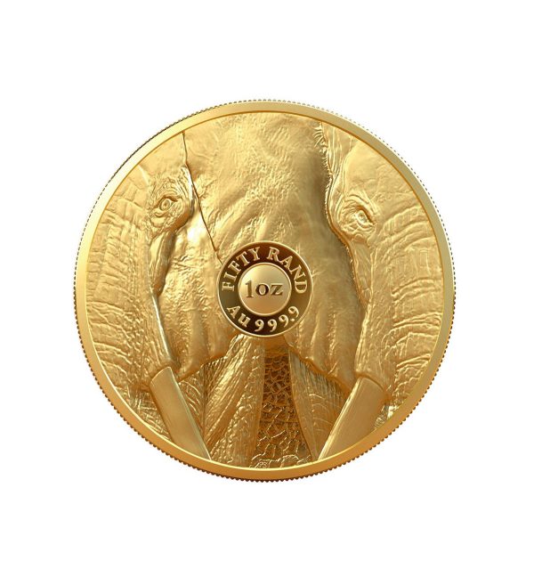 Perspectiva frontal de la cara de la moneda de oro Elefante de 1oz de 2025, que muestra medio rostro de dos animales