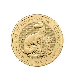 Perspectiva frontal de la cruz de la moneda de oro Galgo de Richmond de 1oz de 2025