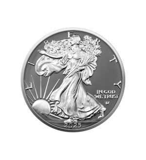Perspectiva frontal de la moneda de plata American Eagle de 1oz de 2025, que muestra a la Walking Liberty con un brillo único gracias al rutenio