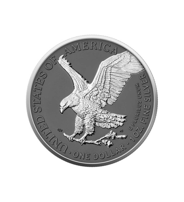 Perspectiva frontal de la cara de la moneda de plata American Eagle de 1oz de 2025, que muestra al águila