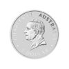 Perspectiva frontal de la cara de la moneda de plata Cisne de 1oz de 2025, que presenta el rostro del monarca Carlos III sobre un fondo plano