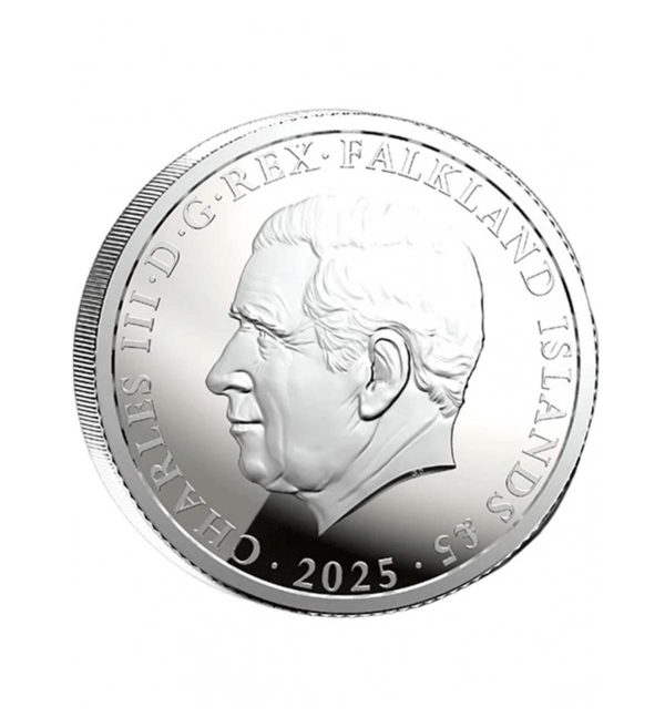 Perspectiva frontal de la moneda de plata Rosa de Islas Malvinas de 1oz de 2025, que muestra el rostro del monarca Carlos II