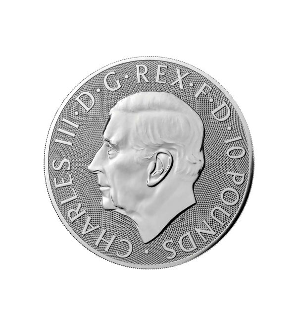 Perspectiva frontal de la cara de la moneda de plata León y Águila de 5oz de 2025, que muestra el rostro del monarca Carlos III