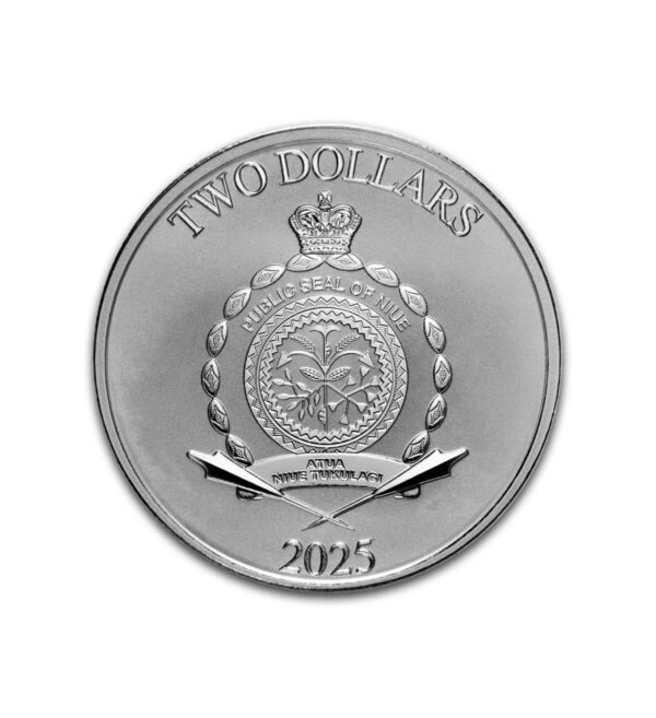 Perspectiva frontal de la cara de la moneda de plata Mickey, Donald y Goofy de 1oz de 2025, protagonizado por el escudo de armas de Niue