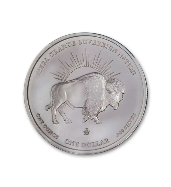 Perspectiva frontal de la cara de la moneda de plata Nativo Americano de 1oz de 2025, con el búfalo de perfil