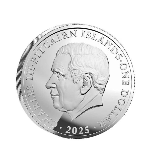 Perspectiva frontal de la cara de la moneda de plata Año de la Serpiente de Islas Pitcairn de 1oz de 2025, que muestra al rostro de Carlos III