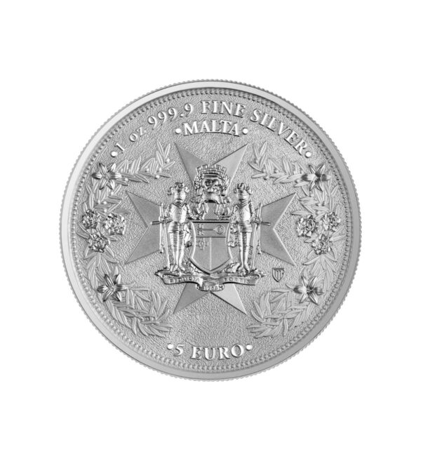 Perspectiva frontal de la cara de la moneda de plata Golden Eagle de 1oz de 2025, que muestra al escudo de armas de Malta